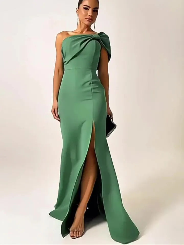 Bow tie One shoulder Green Evening Dress Slit Formal dress - EX-STOCK CANADA
