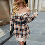 Off shoulder V-neck Pullover Knitted Mini Plaid Sweater Dress - EX-STOCK Canada