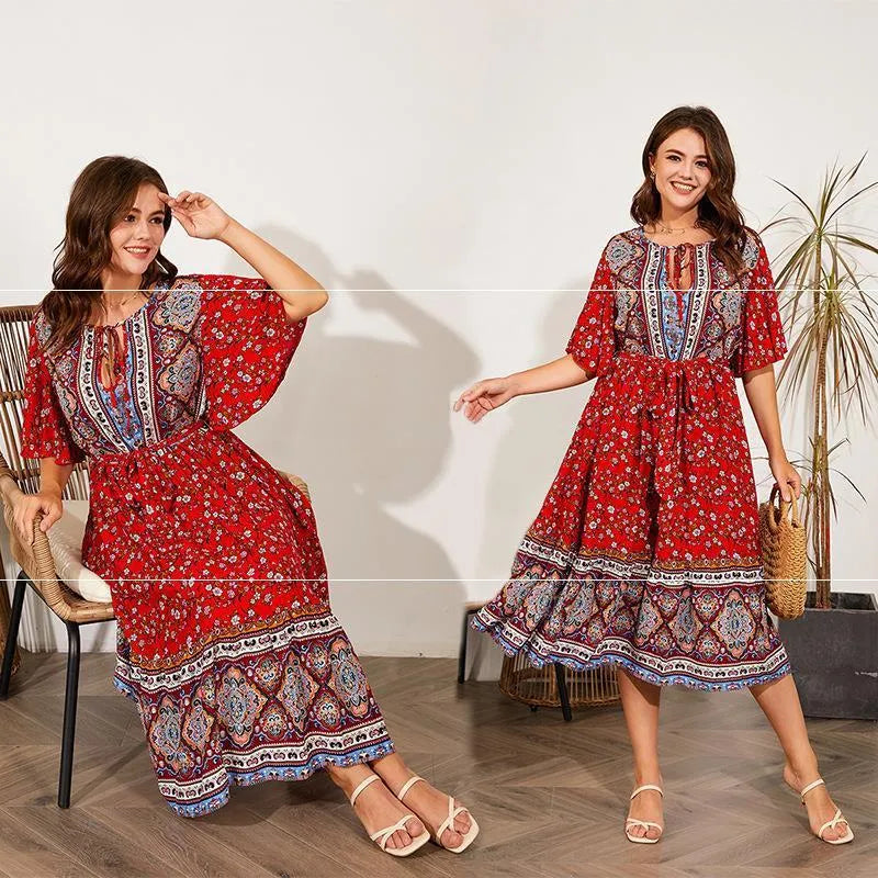Modest Plus Size Summer dress V Neck Midi Beach boho Dress - EX-STOCK CANADA