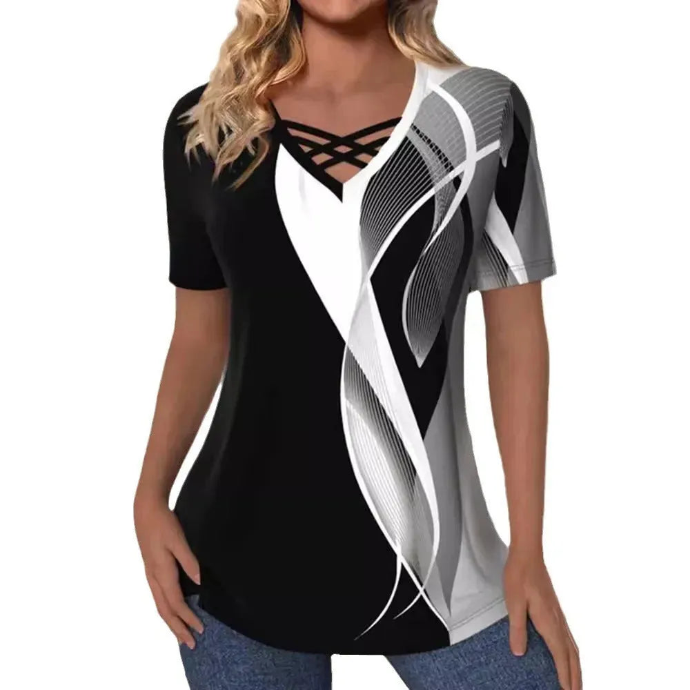 Fashion Printed V-neck Short-sleeved tunic Top For Women - EX-STOCK CANADA