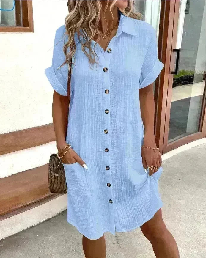 Womens Button Down Shirt Dress Summer Cotton Linen Dress V-Neck Mini Dress Casual Short Sleeve Loose Tunic Dresses - EX-STOCK CANADA
