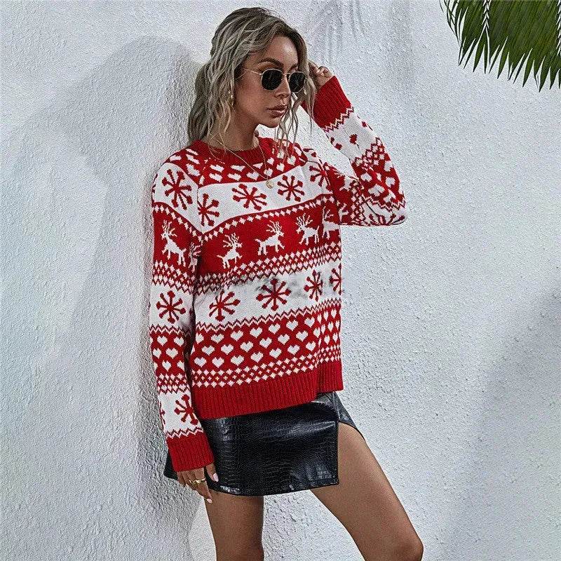 Elk Autumn And Winter New Knitted Round Neck Women's Christmas Snowflake Pullover Women's Sweater - EX-STOCK Canada
