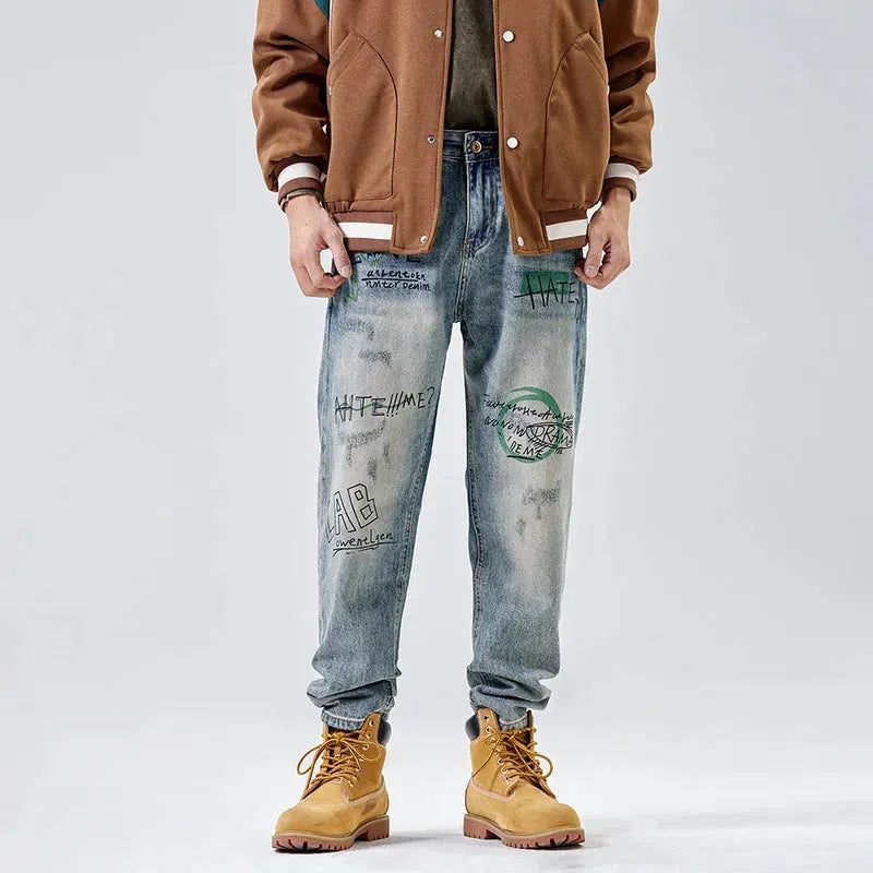 American Print Denim Casual jeans pant Loose Straight Dad Trousers For Men - EX-STOCK CANADA