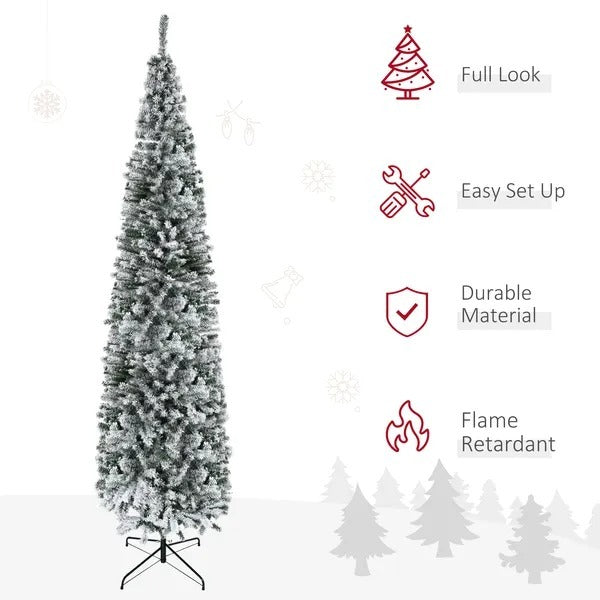 9ft Flocked Christmas Tree, Pencil Christmas Tree With Realistic Branch Tips, Folding Metal Stand, Green EX-STOCK Canada 