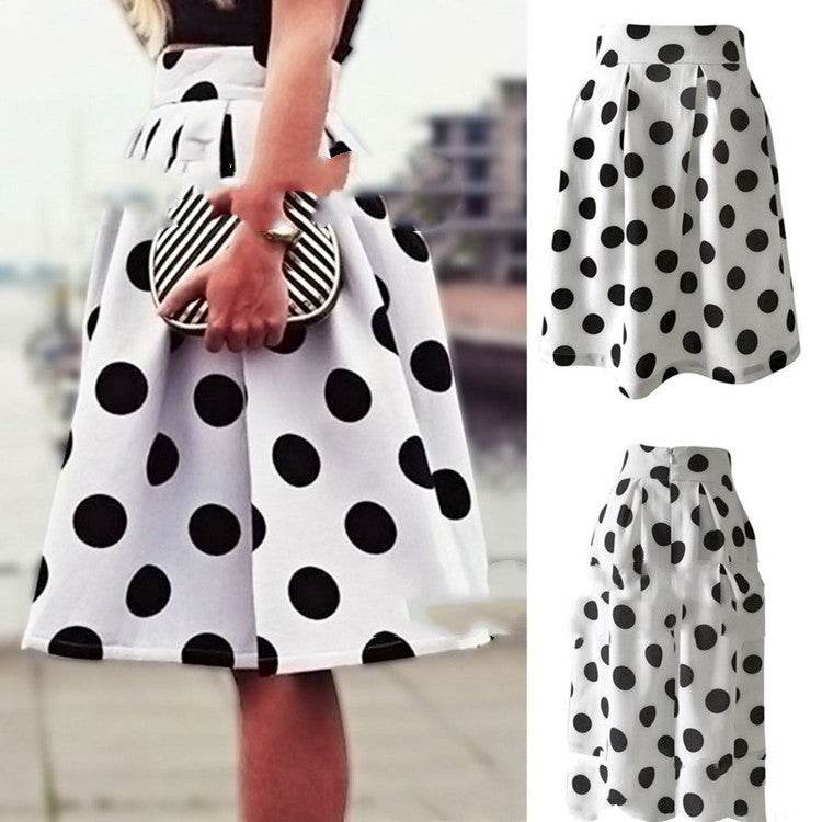 White Polka dot High Waist A-line Pleated Midi Skirt for office work - EX-STOCK Canada