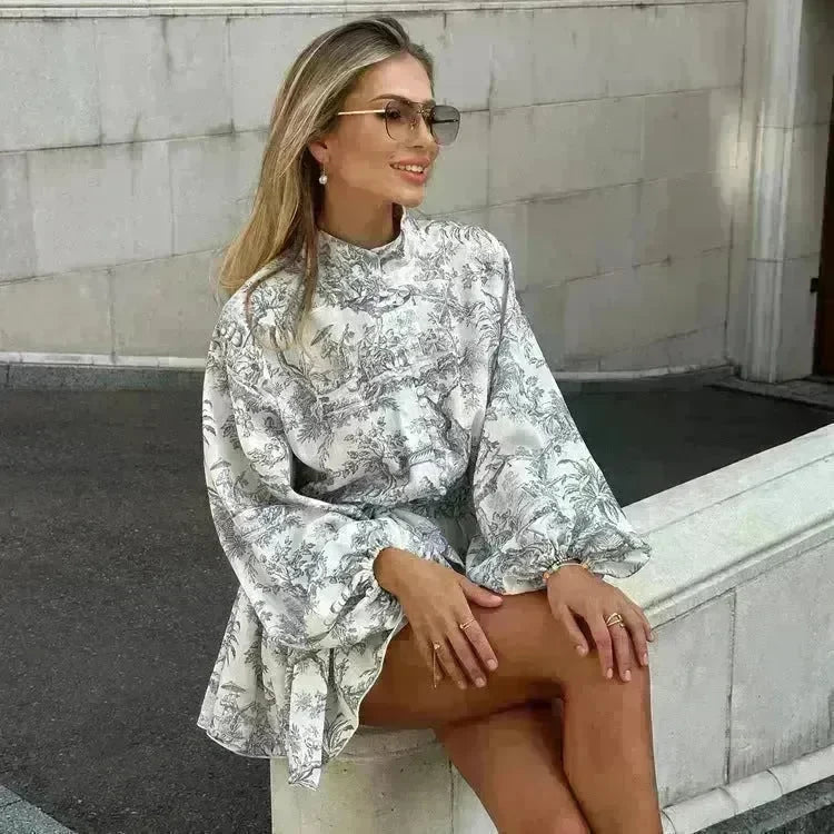 Ink Print Long Sleeve Floral Short Mini Skater Dress With Fashion Puffy Sleeve Lapel Tie A-Line Dress Clothing - EX-STOCK CANADA