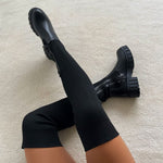 Women's Over-The-Knee Knit Sock Boots — Chunky Heel, Black & Beige, Sizes 35–43