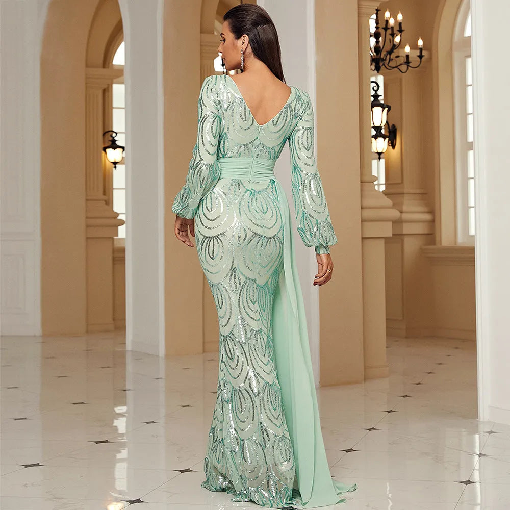 Long Sleeve Sexy Long Sequined V-neck Banquet Ribbon Evening Dress - EX-STOCK CANADA