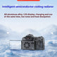 A black camera with a detached rectangular cooling radiator attached, shown on a snowy blue background with promotional text about intelligent semiconductor cooling.