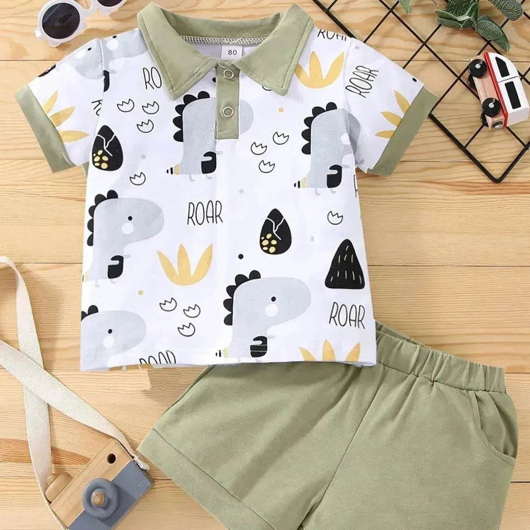 Boy's Little Dinosaur Lapel Cotton Short Sleeve Top Short Pants Suit Two piece for boys. - EX-STOCK Canada