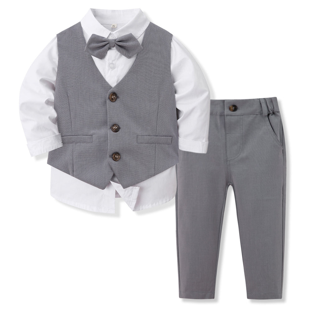 Gray vest, white shirt, and gray pants set on a white background