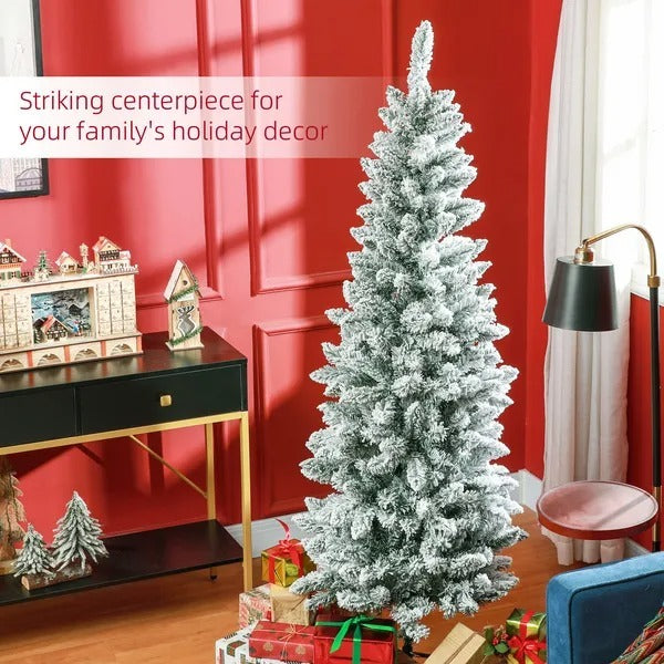 6ft Pencil Christmas Tree, Flocked Tree With 479 Branch Tips And Metal Base For Home, Indoor, Holiday EX-STOCK Canada 