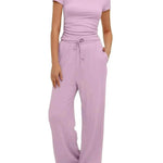 2pcs Solid Color Casual Sports Suit Short-sleeved Top And High-waisted Drawstring Wide-leg Pants Summer Fashion Set For Womens Clothing - EX-STOCK Canada