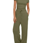 2pcs Solid Color Casual Sports Suit Short-sleeved Top And High-waisted Drawstring Wide-leg Pants Summer Fashion Set For Womens Clothing - EX-STOCK Canada