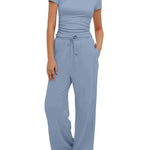 2pcs Solid Color Casual Sports Suit Short-sleeved Top And High-waisted Drawstring Wide-leg Pants Summer Fashion Set For Womens Clothing - EX-STOCK Canada
