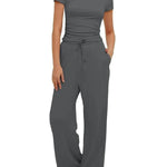 2pcs Solid Color Casual Sports Suit Short-sleeved Top And High-waisted Drawstring Wide-leg Pants Summer Fashion Set For Womens Clothing - EX-STOCK Canada
