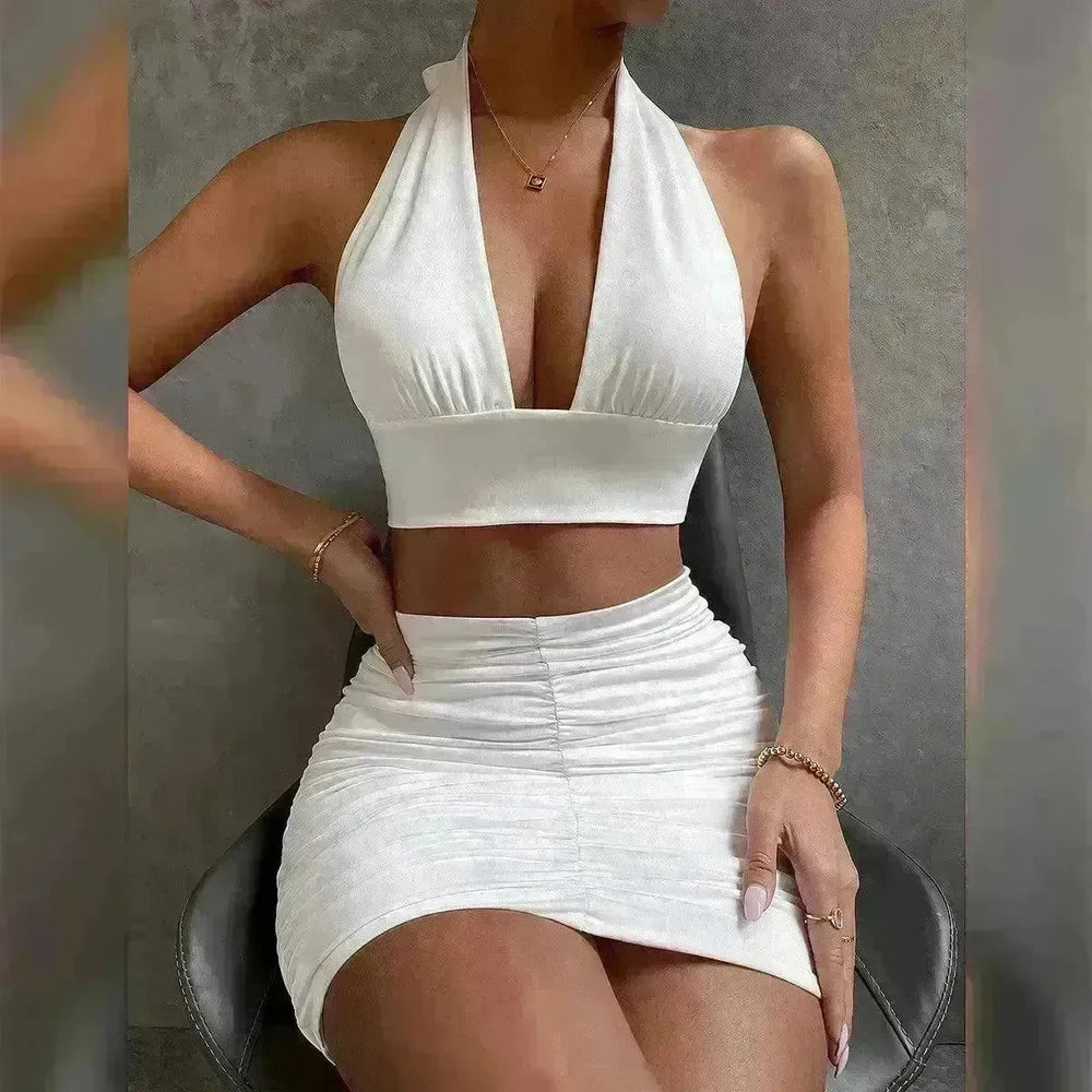 2pcs Dress Suits For Women Halter Lace-up Hip Top And Pleated Hip-covering Skirt - EX-STOCK CANADA