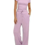 2pcs Solid Color Casual Sports Suit Short-sleeved Top And High-waisted Drawstring Wide-leg Pants Summer Fashion Set For Womens Clothing - EX-STOCK CANADA