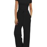 2pcs Solid Color Casual Sports Suit Short-sleeved Top And High-waisted Drawstring Wide-leg Pants Summer Fashion Set For Womens Clothing - EX-STOCK CANADA