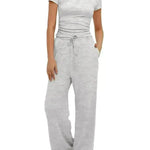 2pcs Solid Color Casual Sports Suit Short-sleeved Top And High-waisted Drawstring Wide-leg Pants Summer Fashion Set For Womens Clothing - EX-STOCK CANADA