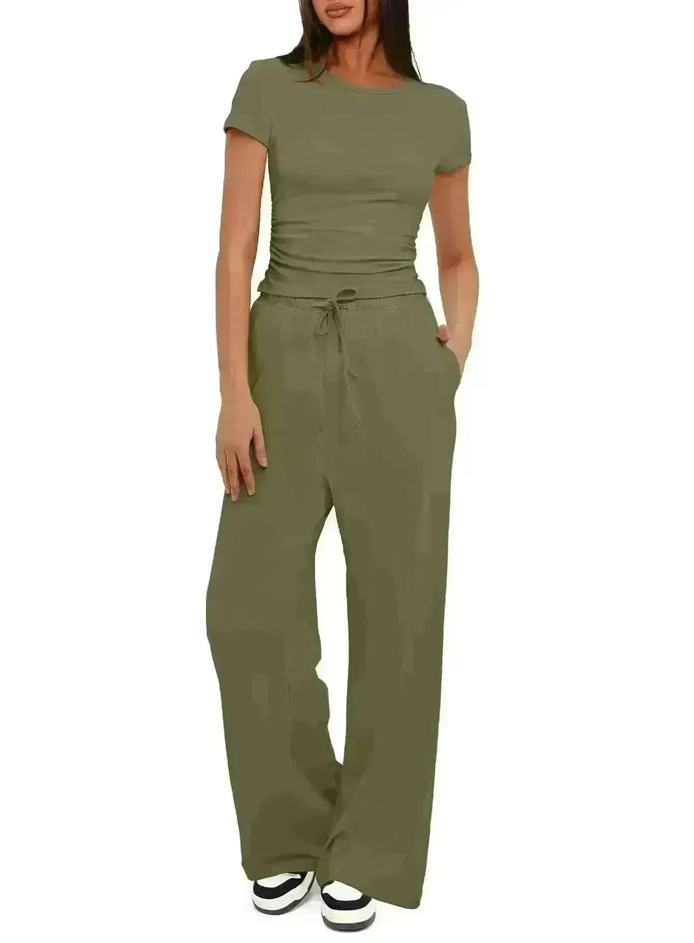 2pcs Solid Color Casual Sports Suit Short-sleeved Top And High-waisted Drawstring Wide-leg Pants Summer Fashion Set For Womens Clothing - EX-STOCK CANADA