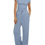 2pcs Solid Color Casual Sports Suit Short-sleeved Top And High-waisted Drawstring Wide-leg Pants Summer Fashion Set For Womens Clothing - EX-STOCK CANADA