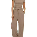 2pcs Solid Color Casual Sports Suit Short-sleeved Top And High-waisted Drawstring Wide-leg Pants Summer Fashion Set For Womens Clothing - EX-STOCK CANADA