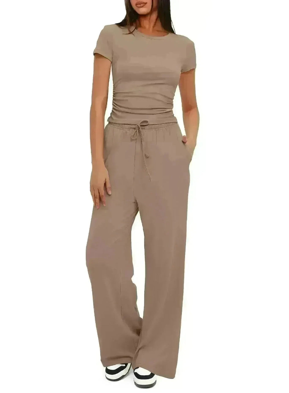 2pcs Solid Color Casual Sports Suit Short-sleeved Top And High-waisted Drawstring Wide-leg Pants Summer Fashion Set For Womens Clothing - EX-STOCK CANADA