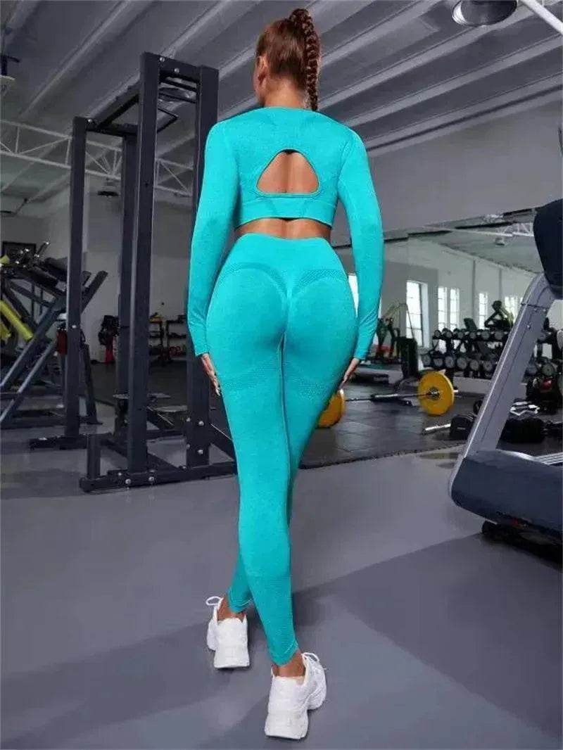 Fitness Leggings Sports Gym Sportswear Outfits Clothing 2pcs Sports Suits Long Sleeve Hollow Design - EX-STOCK Canada