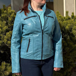 Women's Classic Lamb Leather Jacket. Round Collar with Studs, 4 Zippered Pockets & Shoulder Accent Stitching
