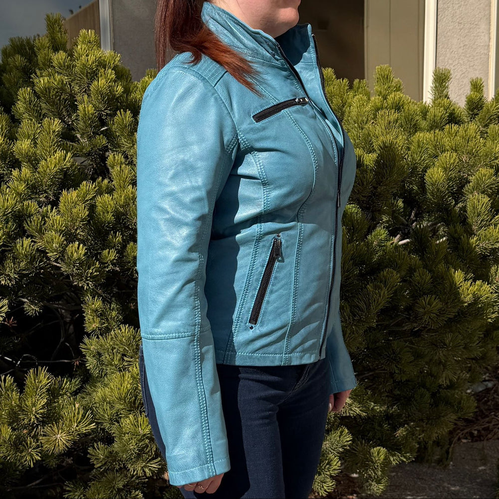 Women's Classic Lamb Leather Jacket. Round Collar with Studs, 4 Zippered Pockets & Shoulder Accent Stitching 