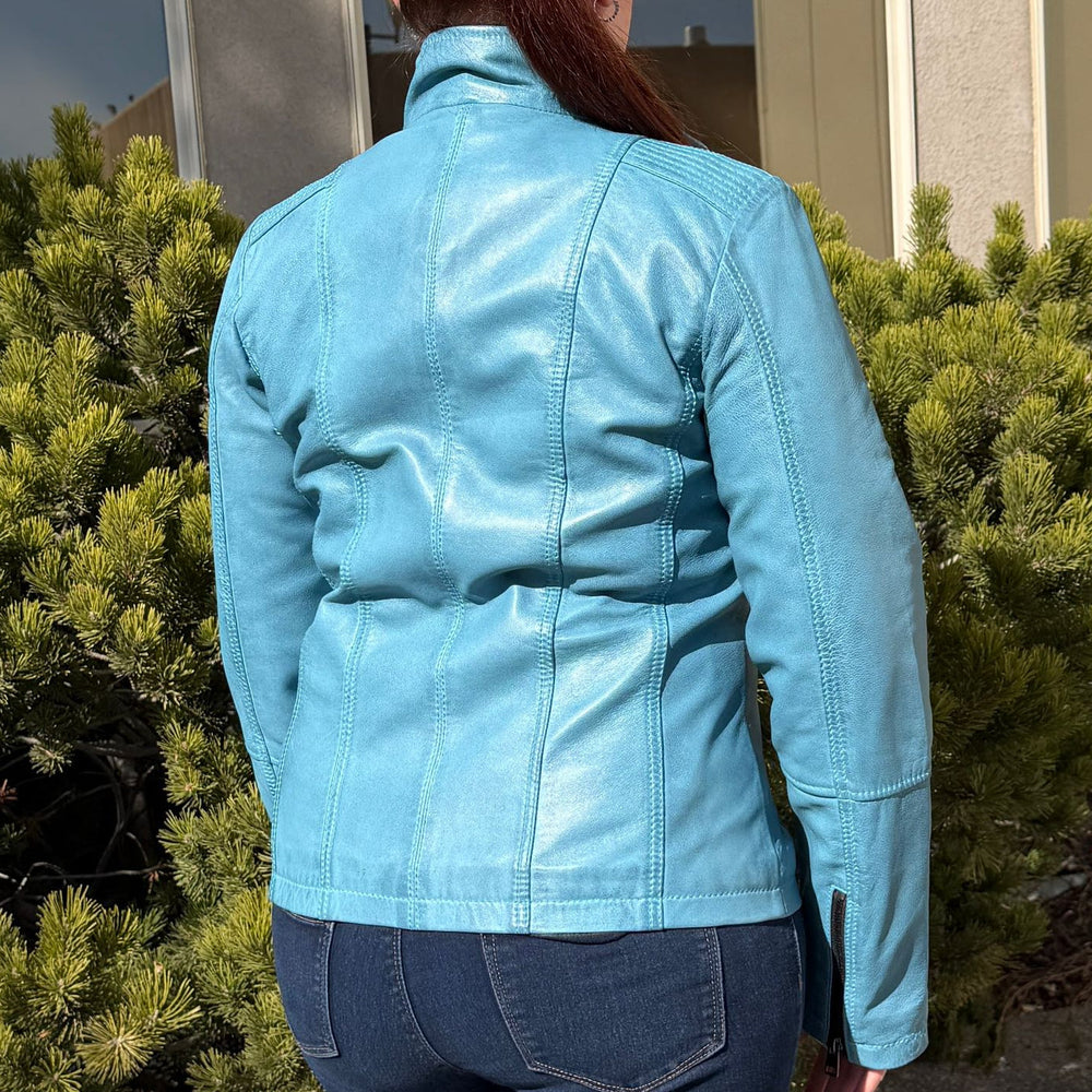 Women's Classic Lamb Leather Jacket. Round Collar with Studs, 4 Zippered Pockets & Shoulder Accent Stitching 