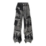 Street Retro Washed Distressed Tie-dye Multi-pocket Denim Trouser Unisex Baggy Cargo Denim Jeans Pants - EX-STOCK Canada