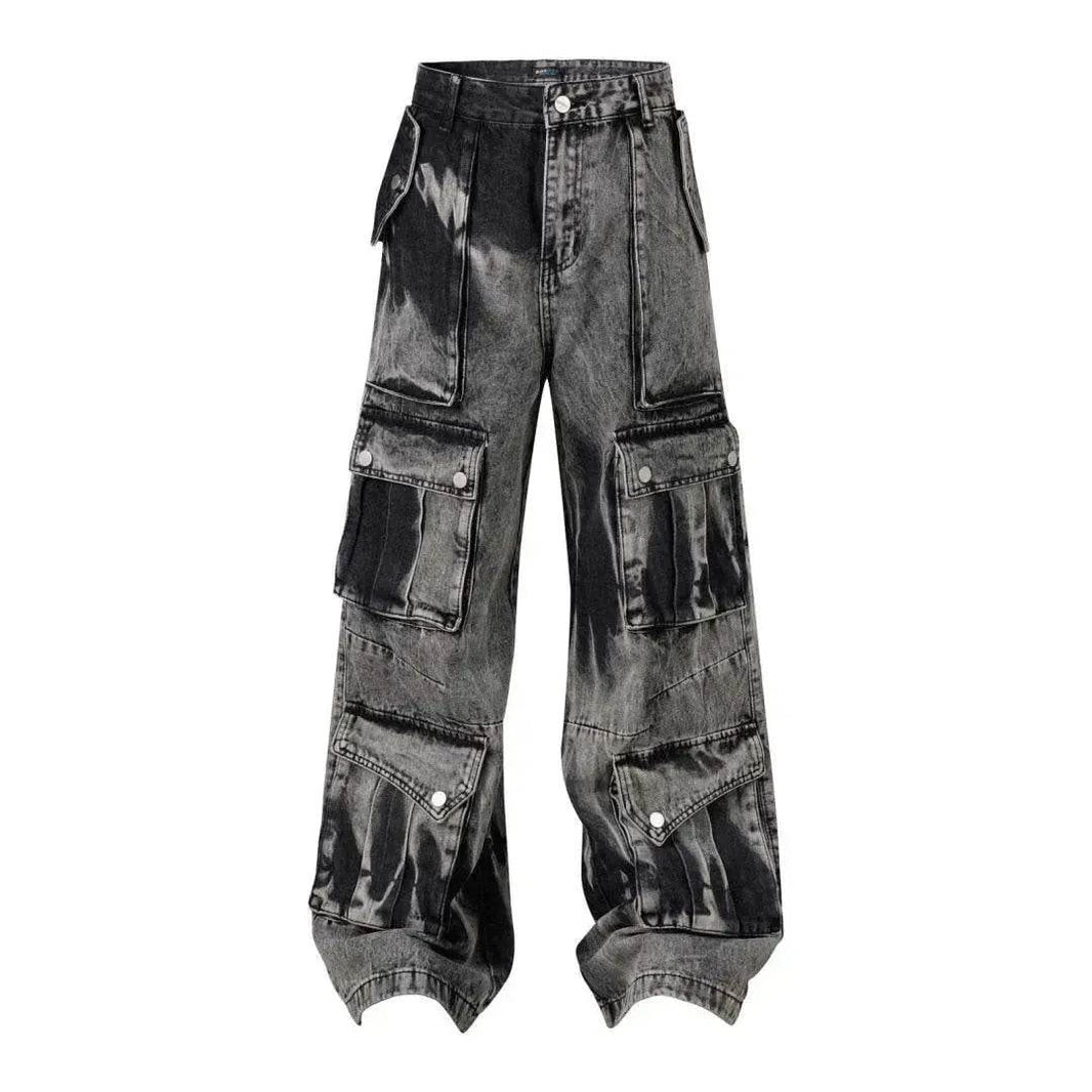 Street Retro Washed Distressed Tie-dye Multi-pocket Denim Trouser Unisex Baggy Cargo Denim Jeans Pants - EX-STOCK Canada