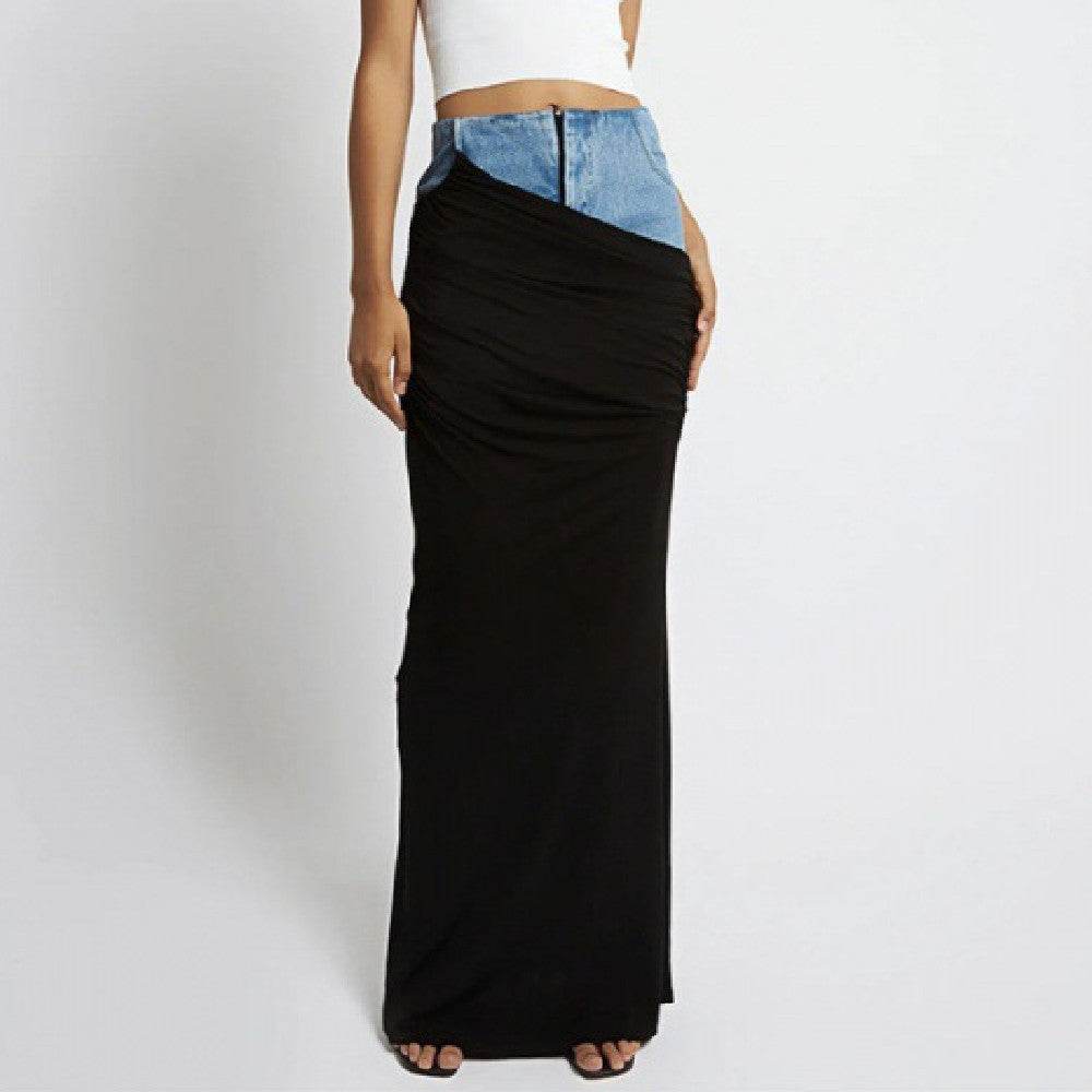 Fashion Black Panel Long Pencil Denim Skirt - EX-STOCK Canada