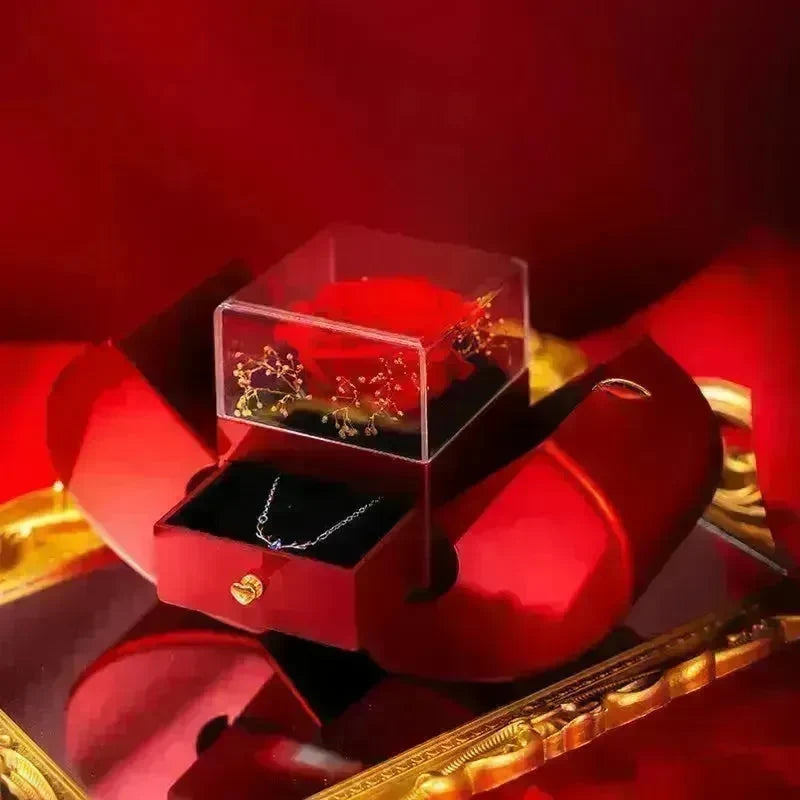 Fashion Jewelry Box Red Apple Christmas Gift Necklace Eternal Rose For Girl Mother's Day Valentine's Day Gifts With Artificial Flower Rose Flower Jewelry Box - EX-STOCK CANADA