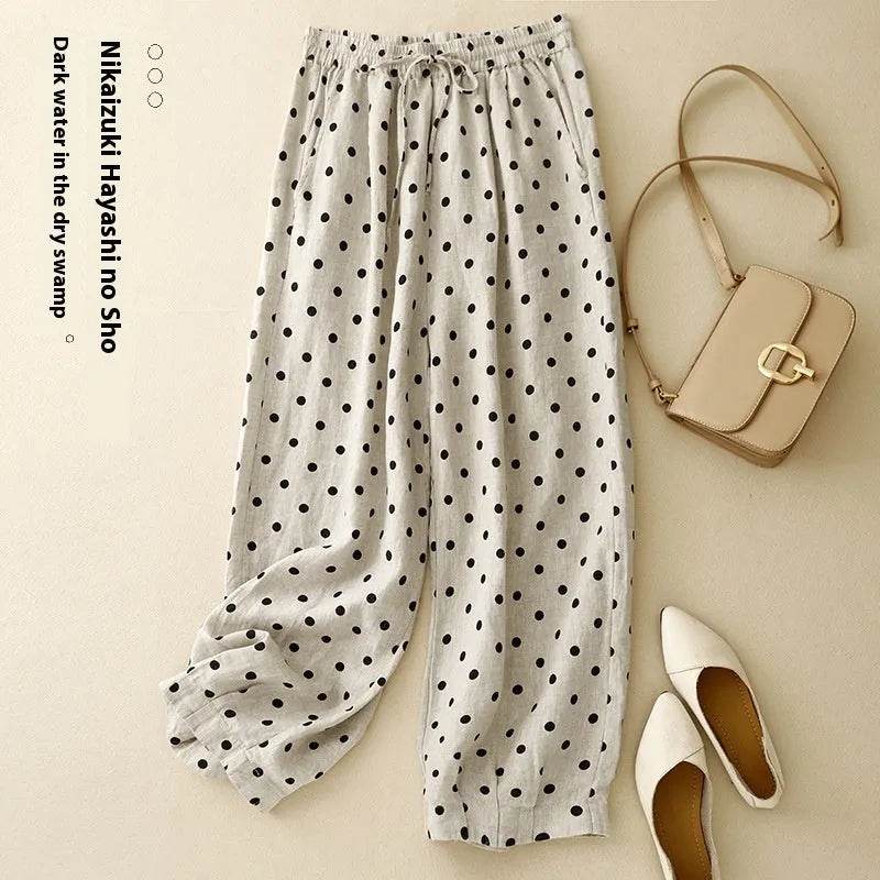 Cotton Hemp Polka Dots Tied Elastic Waist Harem wide leg trouser Pants For Women - EX-STOCK Canada