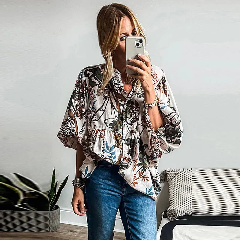 Spring Summer All-match Floral Print loose Linen blouse Shirt For Women - EX-STOCK CANADA