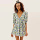 Women Summer Green Floral Chiffon Dresses Holiday Puff Short Sleeve V-Neck Back Lace Up Design Wrap One Piece Dress - EX-STOCK CANADA