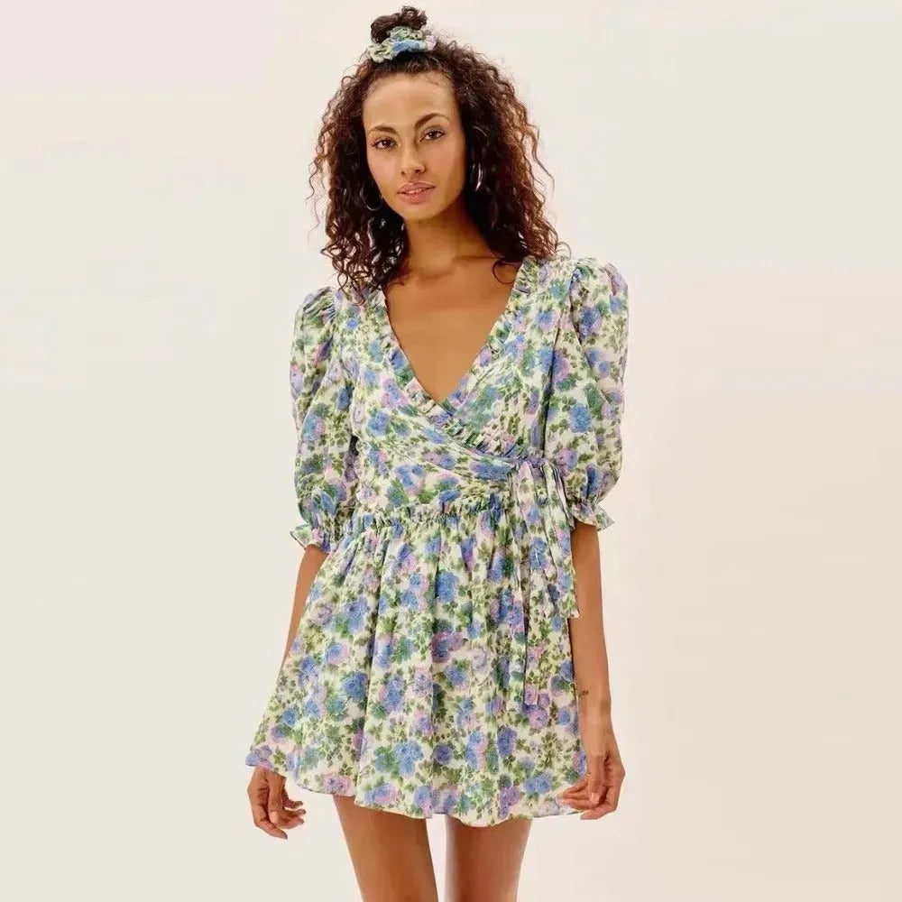Women Summer Green Floral Chiffon Dresses Holiday Puff Short Sleeve V-Neck Back Lace Up Design Wrap One Piece Dress - EX-STOCK CANADA