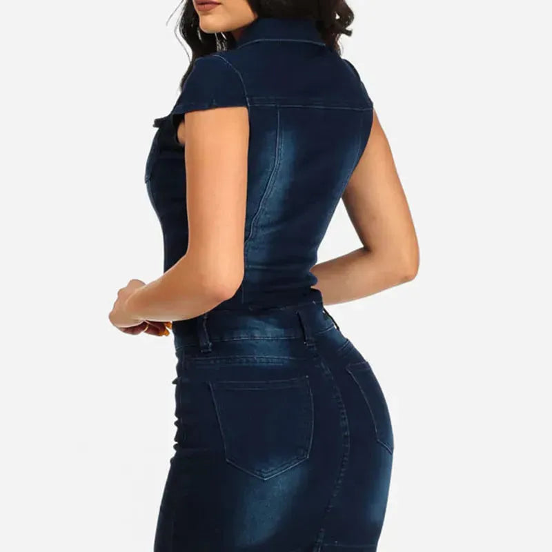 Chic Club Mini Jeans Dress Button down short sleeve Denim Hip dress - EX-STOCK CANADA