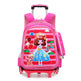 Pink and red striped backpack with cartoon character on a white background