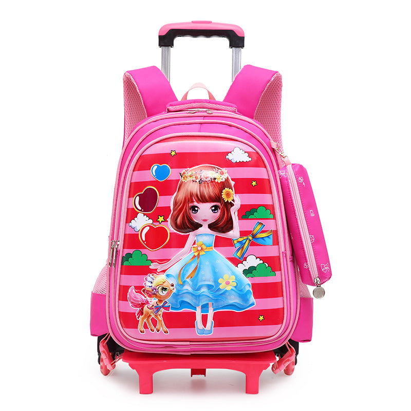 Pink and red striped backpack with cartoon character on a white background