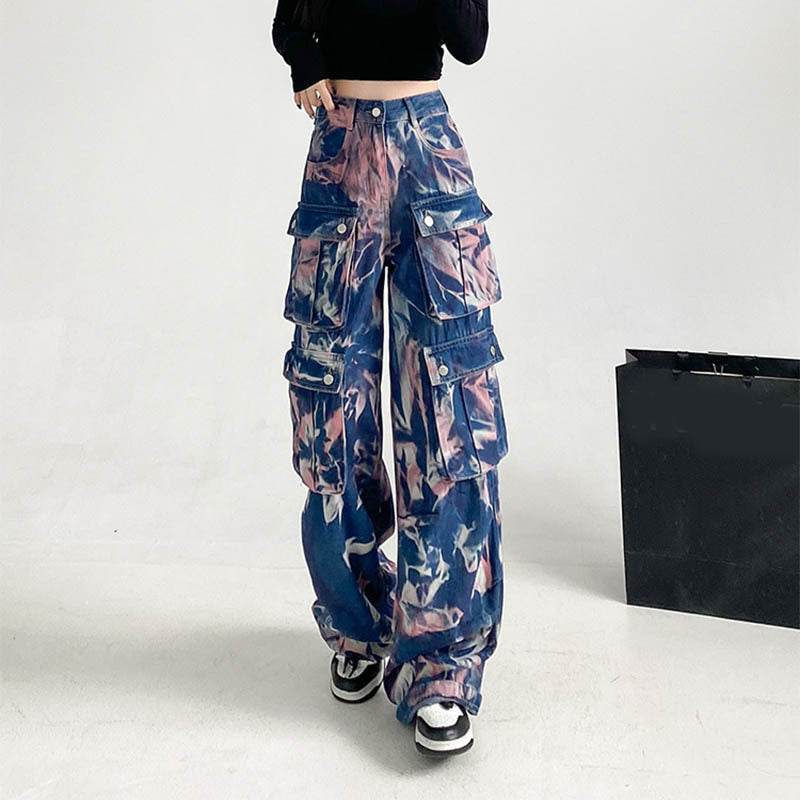 New Tie-dye Baggy CargoTrousers With Pockets Y2K Fashion High Waist Loose Wide Leg Pants Spring And Autumn - EX-STOCK Canada