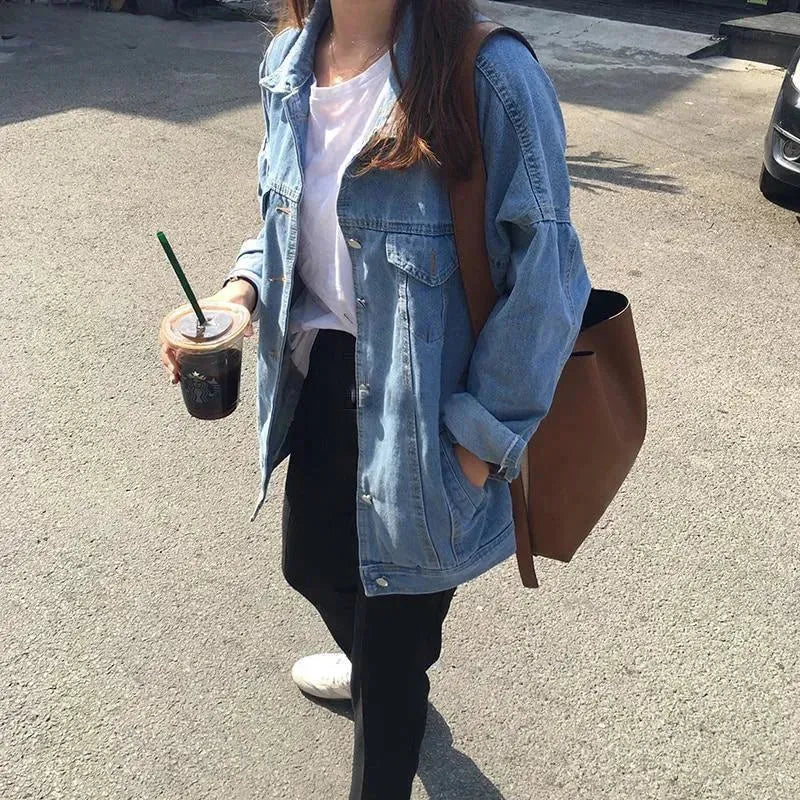 Casual Unisex Loose student bf style blue denim jacket women - EX-STOCK CANADA