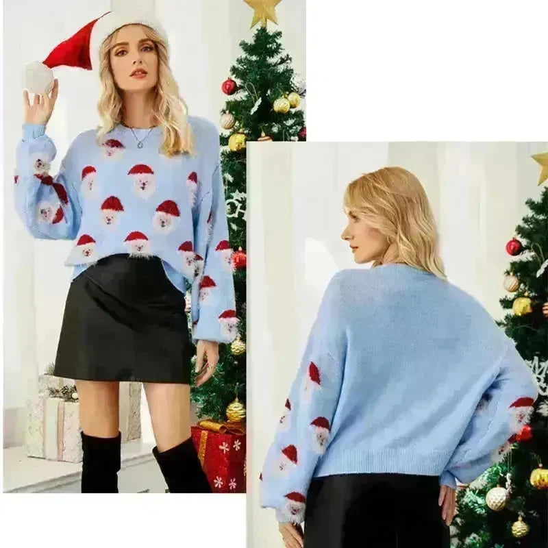 Christmas Sweater Women Cute Cartoon Santa Print Knit Sweater Winter Tops - EX-STOCK CANADA