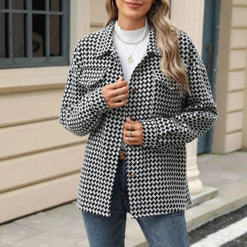 Casual Houndstooth Lapel Tweed Button long sleeve shirt tops for women - EX-STOCK Canada