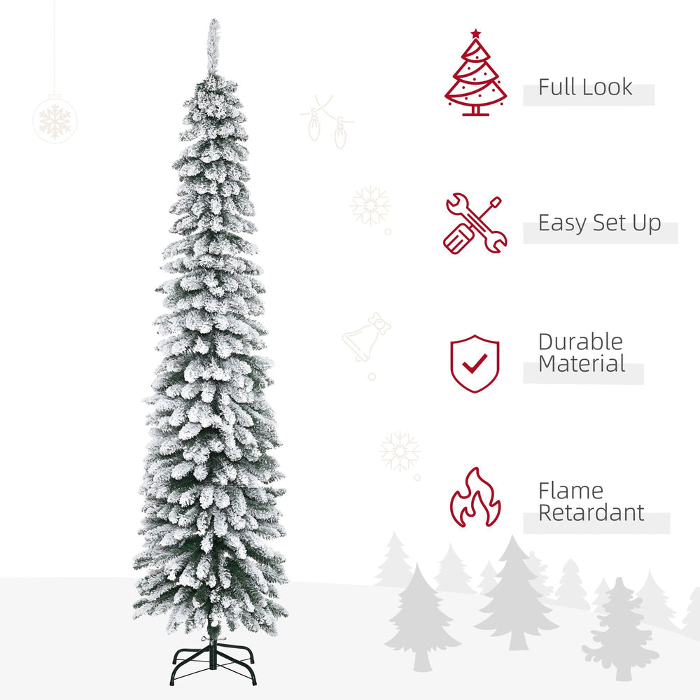 7ft Snow-Flocked Artificial Christmas Tree, Slim Pencil Xmas Tree With 490 Realistic Branches, Metal Base, Green EX-STOCK Canada 
