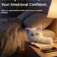 A fluffy white cat with large blue eyes rests on an open book on a wooden bedside table in a dimly lit bedroom. A lit lamp glows on the right, and large overlaid text at the top reads, 'Late-Night Chat Companion Your Emotional Confidant Have a chat before bed and have a sweet dream.