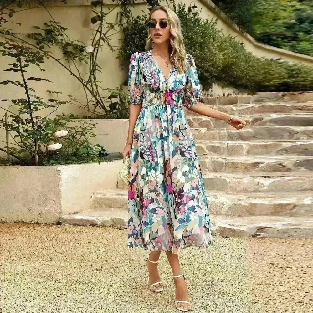Summer Chiffon Floral Printed Temperament Waist-controlled V-neck Casual Midi Dress - EX-STOCK CANADA